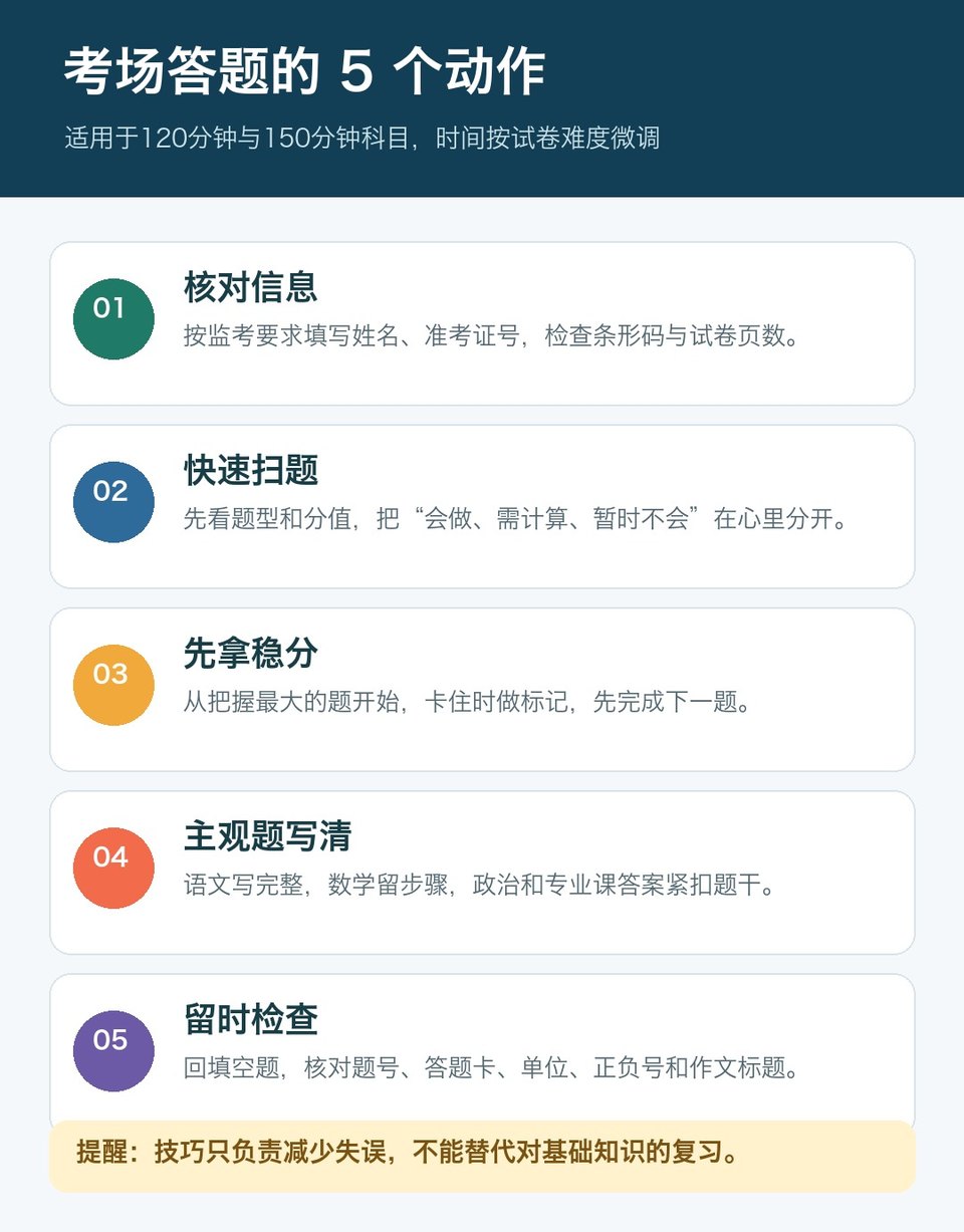 2026成人高考考场答题五步检查法：核对信息、快速扫题、先拿稳分、主观题写清、留时检查